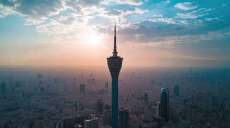 Aerial view of a cityscape with a prominent tower, with plenty of copy space in the surrounding skyの素材