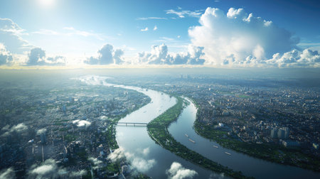Aerial perspective of a city by the river, with ample space for text in the flowing water and skyの素材