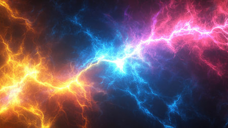 Abstract lightning bolt pattern with vibrant colors, space for text available on the left sideの素材