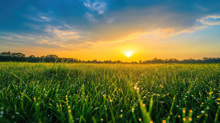 A peaceful meadow at sunrise with dew-covered grass, with room for copy in the glowing skyの素材