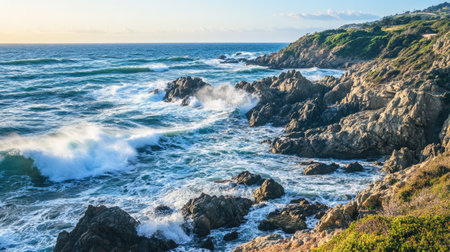 A rocky coastline with crashing waves, with ample space for text in the open waterの素材