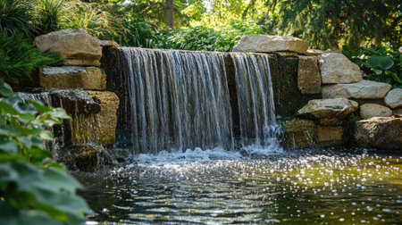 A serene waterfall cascading into a crystal-clear pool, with copy space in the surrounding greeneryの素材