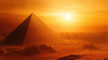 A pyramid in a desolate desert landscape at sunset, with room for text in the glowing orange sky and foregroundの素材