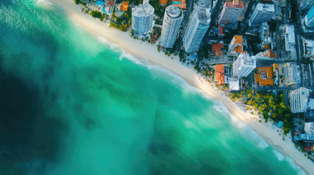 Aerial shot of a coastal city with the ocean in the background, with plenty of copy space in the waterの素材