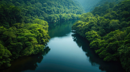 A serene river winding through a dense forest, with ample room for copy in the calm waterの素材