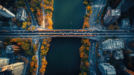 Aerial perspective of a city bridge crossing a river, with space for text in the water and skyの素材