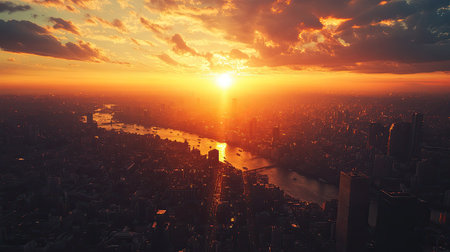 Aerial perspective of a city during the golden hour, with room for text in the glowing skyの素材