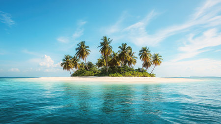 A remote island with a sandy beach and palm trees, with room for copy in the clear blue skyの素材