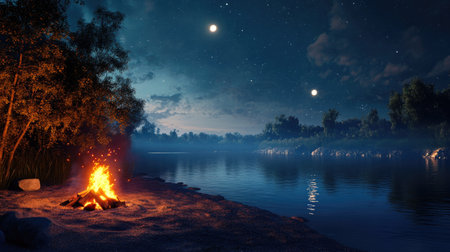 A quiet campsite by the river with a glowing campfire, with space for text in the wide-open skyの素材