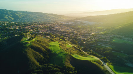 Aerial shot of a metropolitan area surrounded by green hills, with room for text in the natural surroundingsの素材