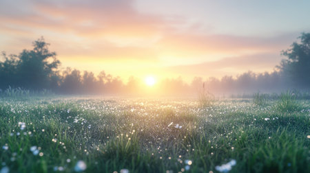 A peaceful meadow at sunrise with dew-covered grass, with room for copy in the glowing skyの素材