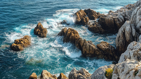 A rocky coastline with crashing waves, with ample space for text in the open waterの素材