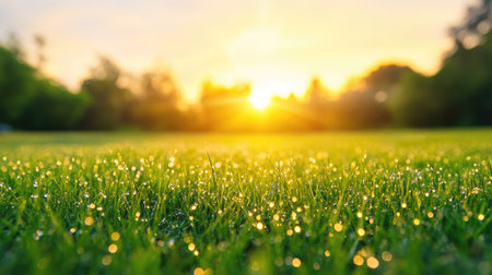 A peaceful meadow at sunrise with dew-covered grass, with room for copy in the glowing skyの素材