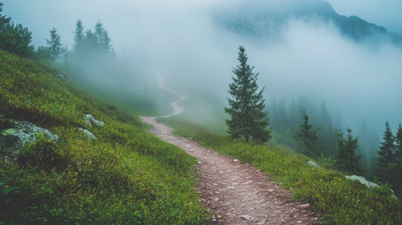 A mountain trail covered in mist, with plenty of space for text in the foggy backgroundの素材