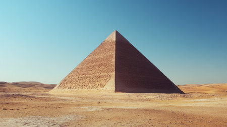 A solitary pyramid standing tall in the middle of an expansive desert, with ample space for text in the clear blue skyの素材