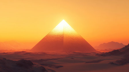 A pyramid in a desolate desert landscape at sunset, with room for text in the glowing orange sky and foregroundの素材