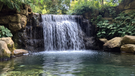 A serene waterfall cascading into a crystal-clear pool, with copy space in the surrounding greeneryの素材