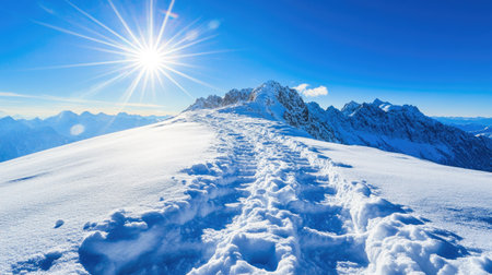 A snowy mountain trail leading to the summit, with ample copy space in the bright skyの素材