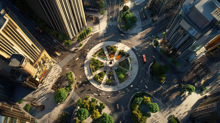 Aerial perspective of a city intersection with a circular plaza, with room for text in the open spaceの素材
