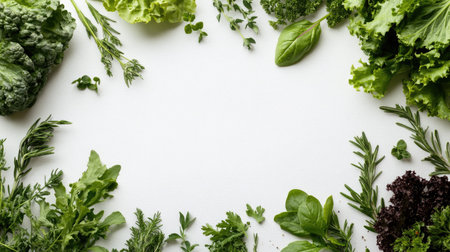 A variety of leafy greens and herbs arranged on a clean background, with copy space for food contentの素材
