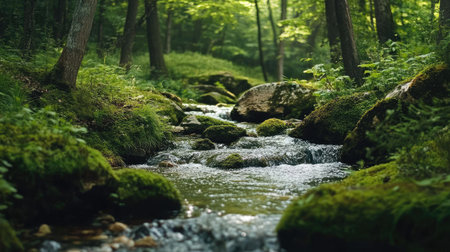 A peaceful forest stream flowing through mossy rocks, with space for text in the greeneryの素材