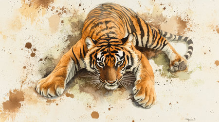 Elegant watercolor tiger from a top-down perspective, showcasing rich details and spacious area for brandingの素材