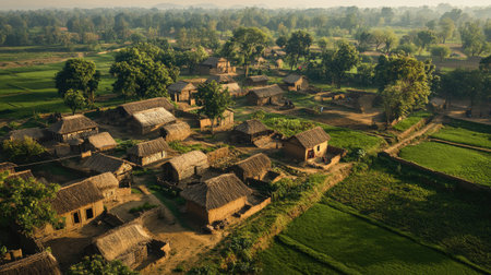 A traditional South Asian village with mud huts and open fields, offering space for educational content.の素材