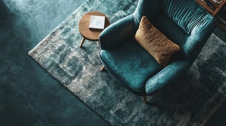 Cozy reading nook with a plush armchair and a small side table, overhead view with space for text.の素材