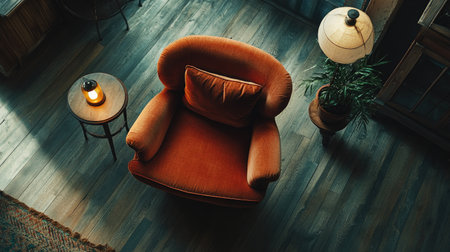 Cozy reading chair with a side table and lamp, shot from above with space for copy.の素材