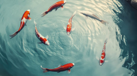 Serene 3D Koi fish swimming in a perfect circle on a clean backdrop, captured from above with open space for text.の素材