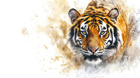 Majestic watercolor tiger top view, delicate brushstrokes and soft gradients, featuring open space for textの素材