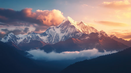Sunrise over the South Asian Himalayas, with snow-capped peaks and sky for inspirational text.の素材