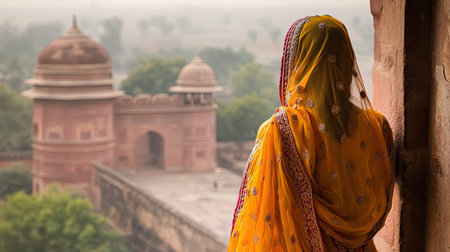 A South Asian woman in traditional attire looking out over a historic site, leaving plenty of space for messaging.の素材