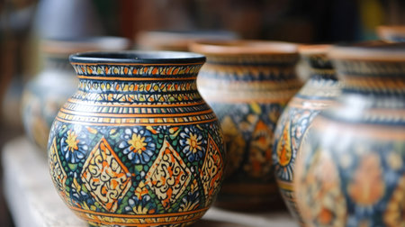 South Asian pottery with intricate designs, with copy space for cultural or artistic content.の素材