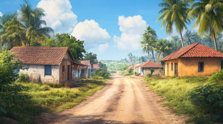 A quiet South Asian village road with traditional homes, offering space for community or travel content.の素材
