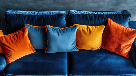 Overhead shot of a modern couch with throw pillows, highlighting the texture and color with copy space.の素材