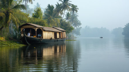 The serene backwaters of Kerala with a traditional houseboat, and space for travel-related messaging.の素材
