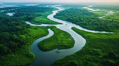 A breathtaking aerial view of a South Asian river delta, with winding waterways and lush green vegetation.の素材