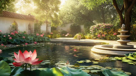 A peaceful South Asian garden with lotus flowers and a pond, perfect for wellness or meditation quotes.の素材
