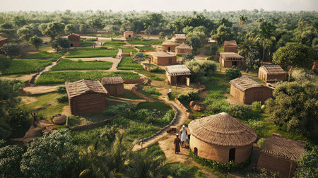 A traditional South Asian village with mud huts and open fields, offering space for educational content.の素材