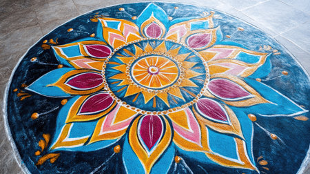 Vibrant South Asian rangoli design on a floor, with empty space for festival greetings or promotions.の素材