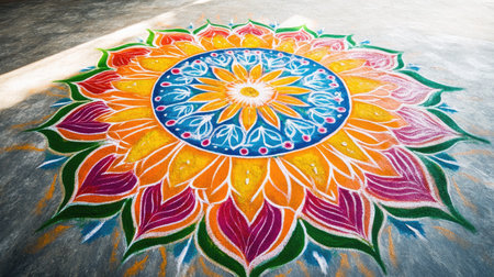 Vibrant South Asian rangoli design on a floor, with empty space for festival greetings or promotions.の素材