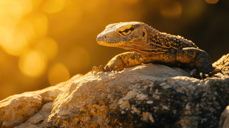 A Bengal monitor lizard basking on a rock in the warm sunlight, its scaly skin glistening.の素材