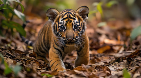 A Bengal tiger cub playing in the underbrush, its curious eyes wide open.の素材