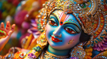 A detailed close-up of a beautifully painted idol of Goddess Lakshmi, with vibrant colors and intricate designs.の素材