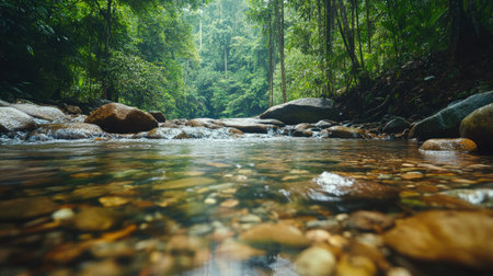 A clear stream flowing over smooth stones in a South Asian jungle, with dense foliage creating a lush green backdrop.の素材