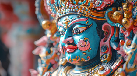 A detailed close-up of a beautifully painted idol of the God of Fortune, with vibrant colors and intricate designs.の素材