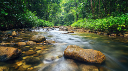 A clear stream flowing over smooth stones in a South Asian rainforest, with dense vegetation creating a lush green backdrop.の素材