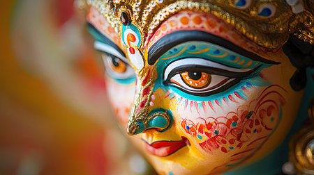 A detailed close-up of a beautifully painted idol of Goddess Durga, with vibrant colors and intricate designs.の素材