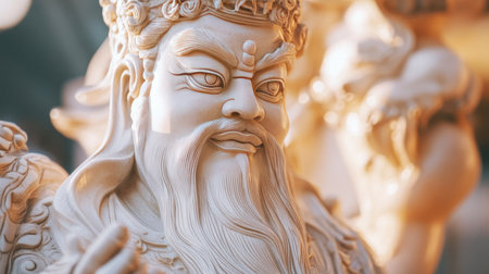 A detailed close-up of a beautifully carved statue of the God of Fortune, with soft light highlighting the intricate features.の素材